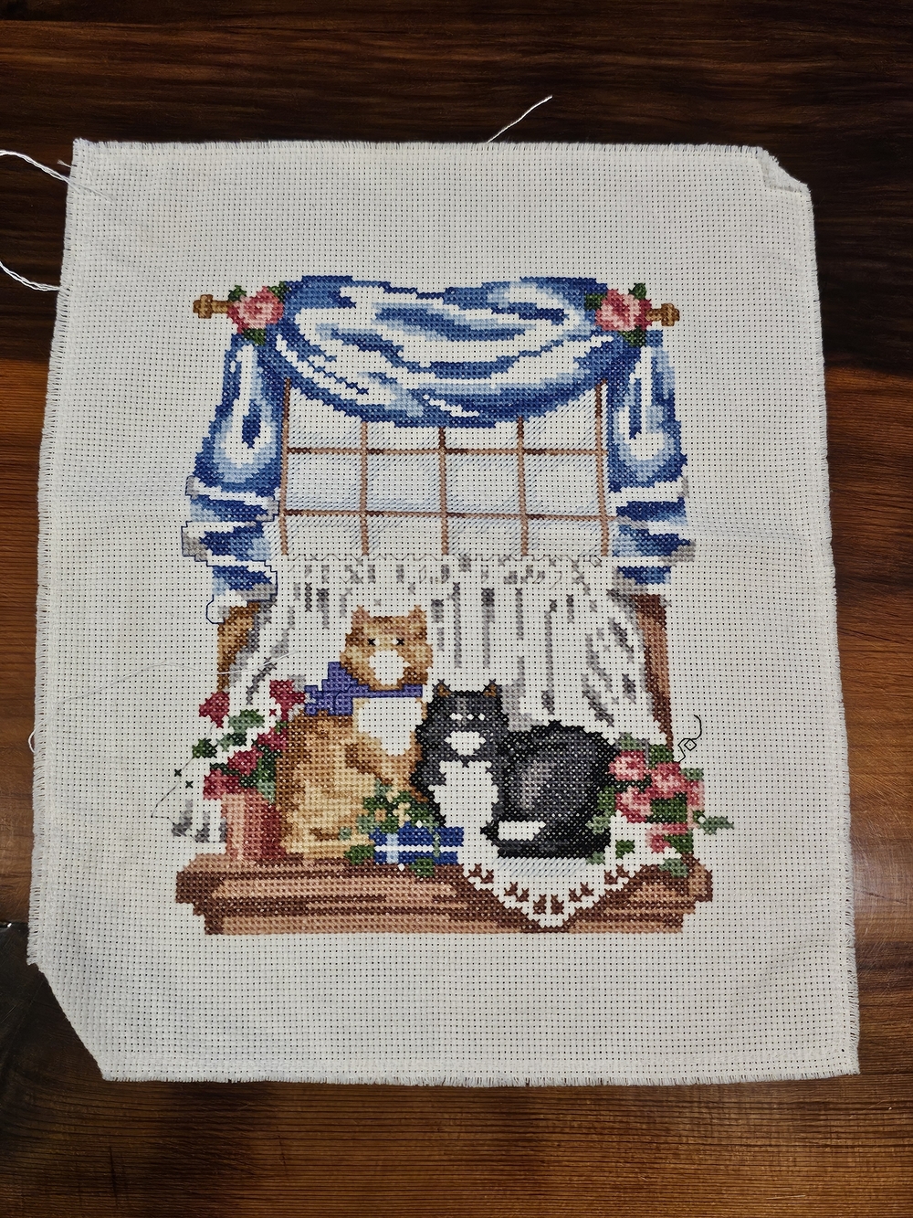 Blue and White Cat Window Cross-Stitch Wall Art